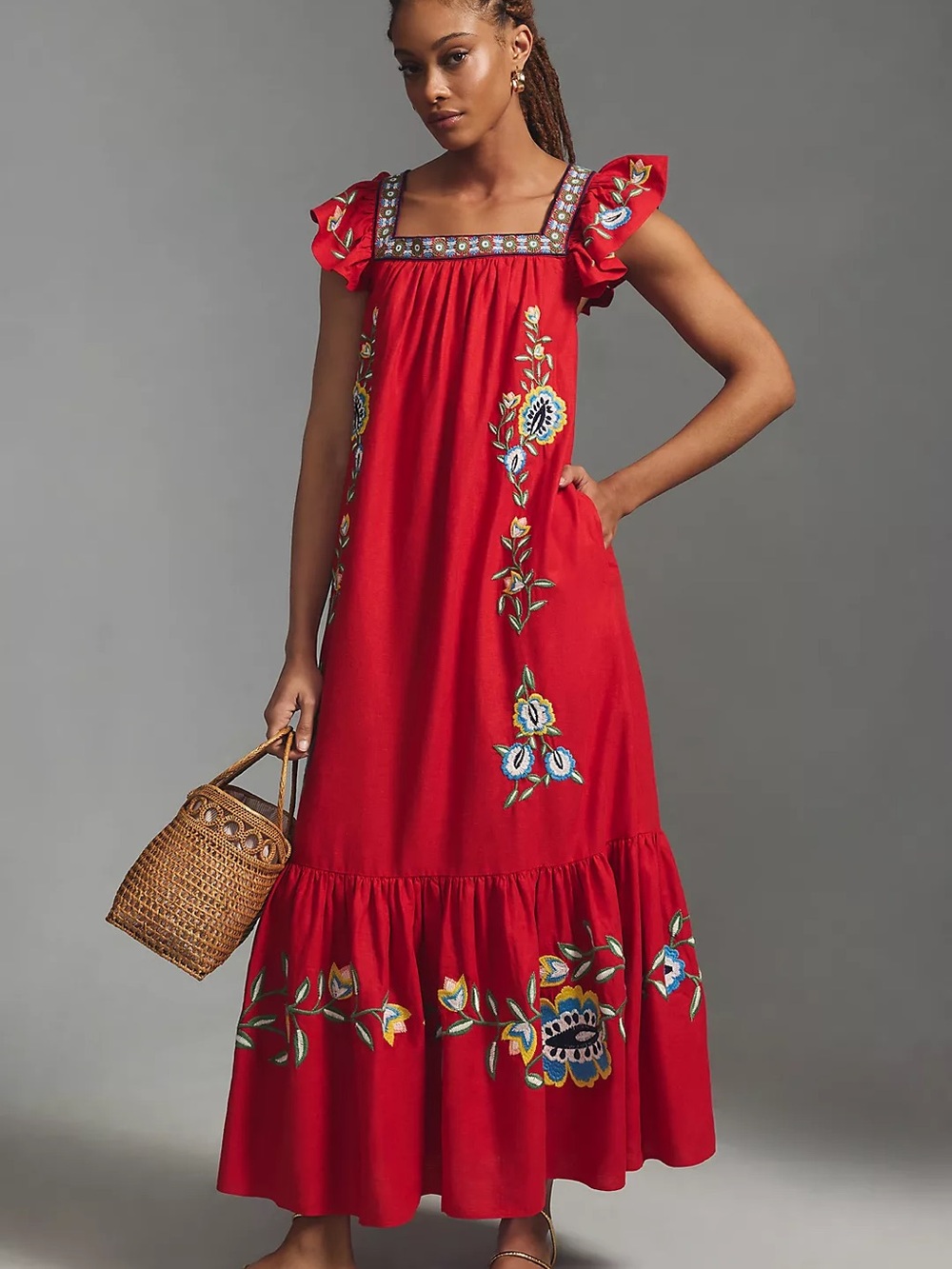 FARM Rio Red Embroidered Ruffle-Sleeve Maxi Dress